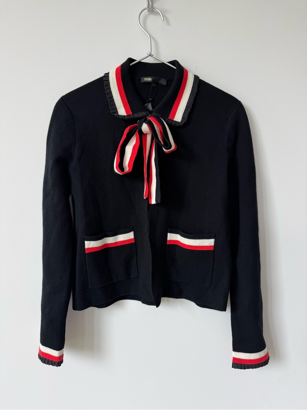 Maje Black Cotton Wool Blend Knit Cardigan with Bow at Collar - Size 1
